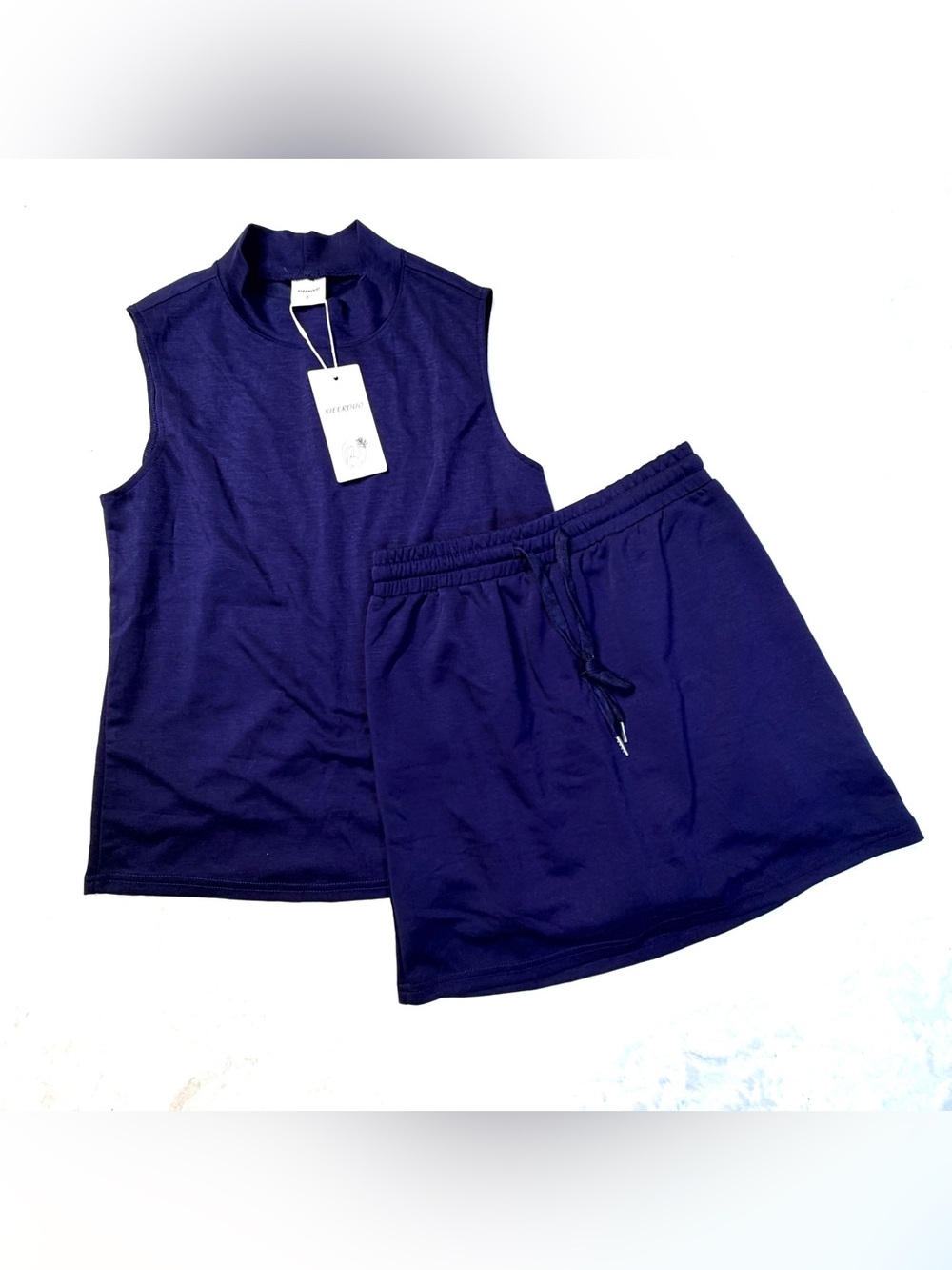 Sleeveless Mock Neck Navy Blue Drawstring Waist 2 piece skort set. Active,sporty